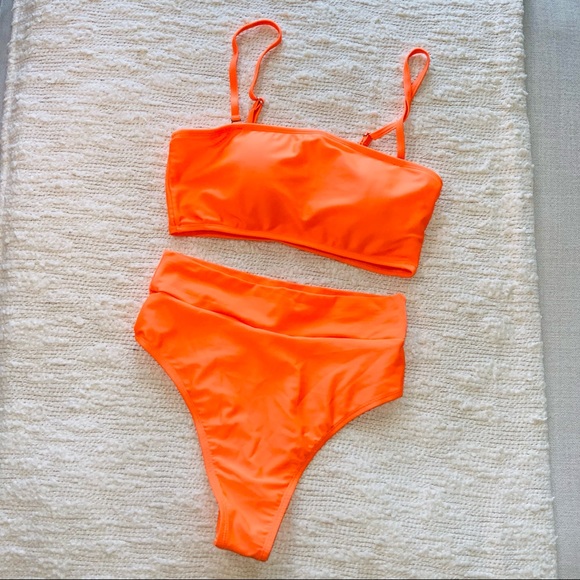 Neon Orange 2 Pc Bathing Suit Bikini High Waisted Padded  Size S   NWOT - Picture 8 of 12